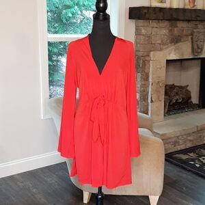 French Atmosphere Red Dress with Sleeves and Tie in Front